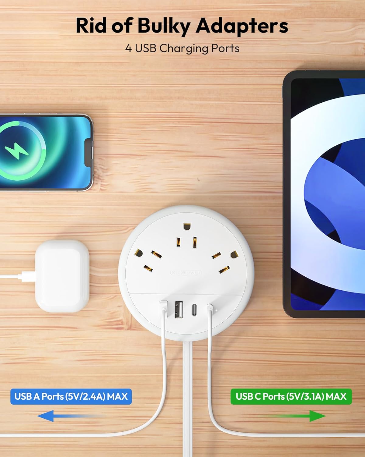 NTONPOWER Travel Power Strip - 3 Outlets & 4 USB Ports (2 USB-C) | 4FT Extension Cord for Cruise & Beach Trips