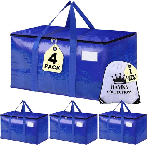 4 Pack Extra Large Moving Bags - Heavy Duty Clothes Storage Totes with Strong Zipper & Handles | Space-Saving Solution for College Supplies