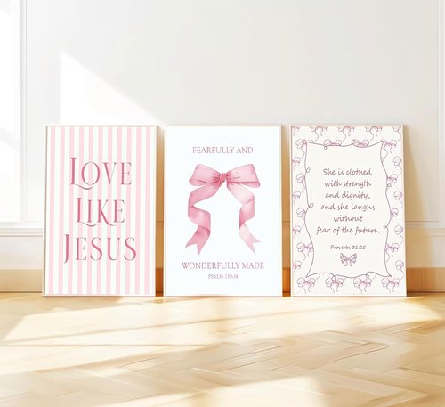 Christian Wall Art by 3Pcs - Inspirational Pink Canvas Prints | Eclectic Aesthetic Decor for Teen Girls 12x16in