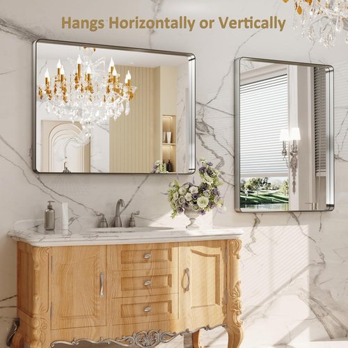 LOAAO Brushed Nickel Bathroom Mirror - 40X32 Inch Rounded Rectangle Design | Anti-Rust & Shatterproof