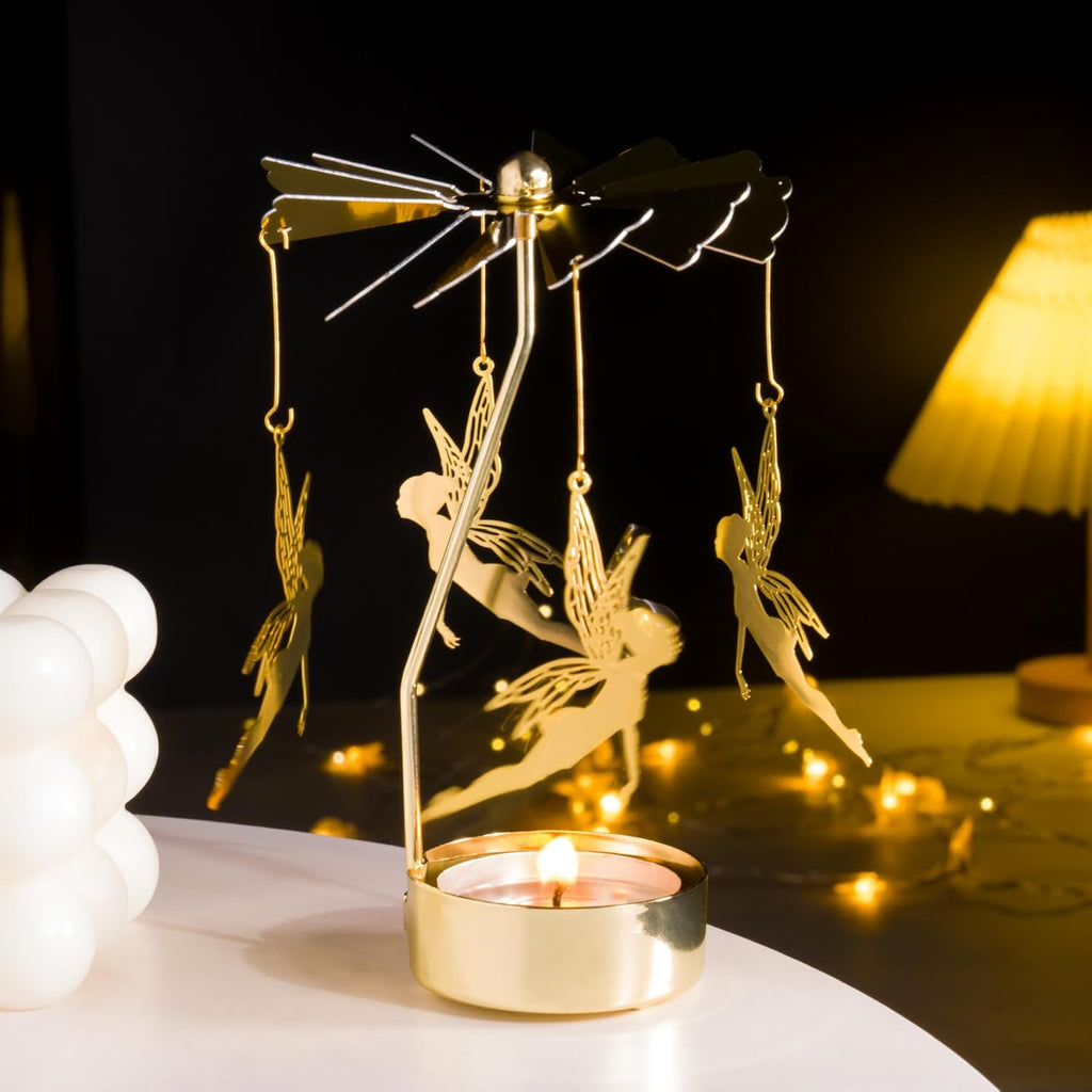 Skiennix Spinning Candle Holder - Gold Fairy Carousel Design | Rotating Metal Tea Light Centerpiece
