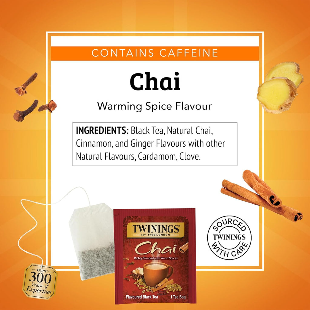 Twinings Chai Black Tea - Individually Wrapped Bags, 20 Count | Sweet & Savory Spices, Caffeinated, Hot or Iced