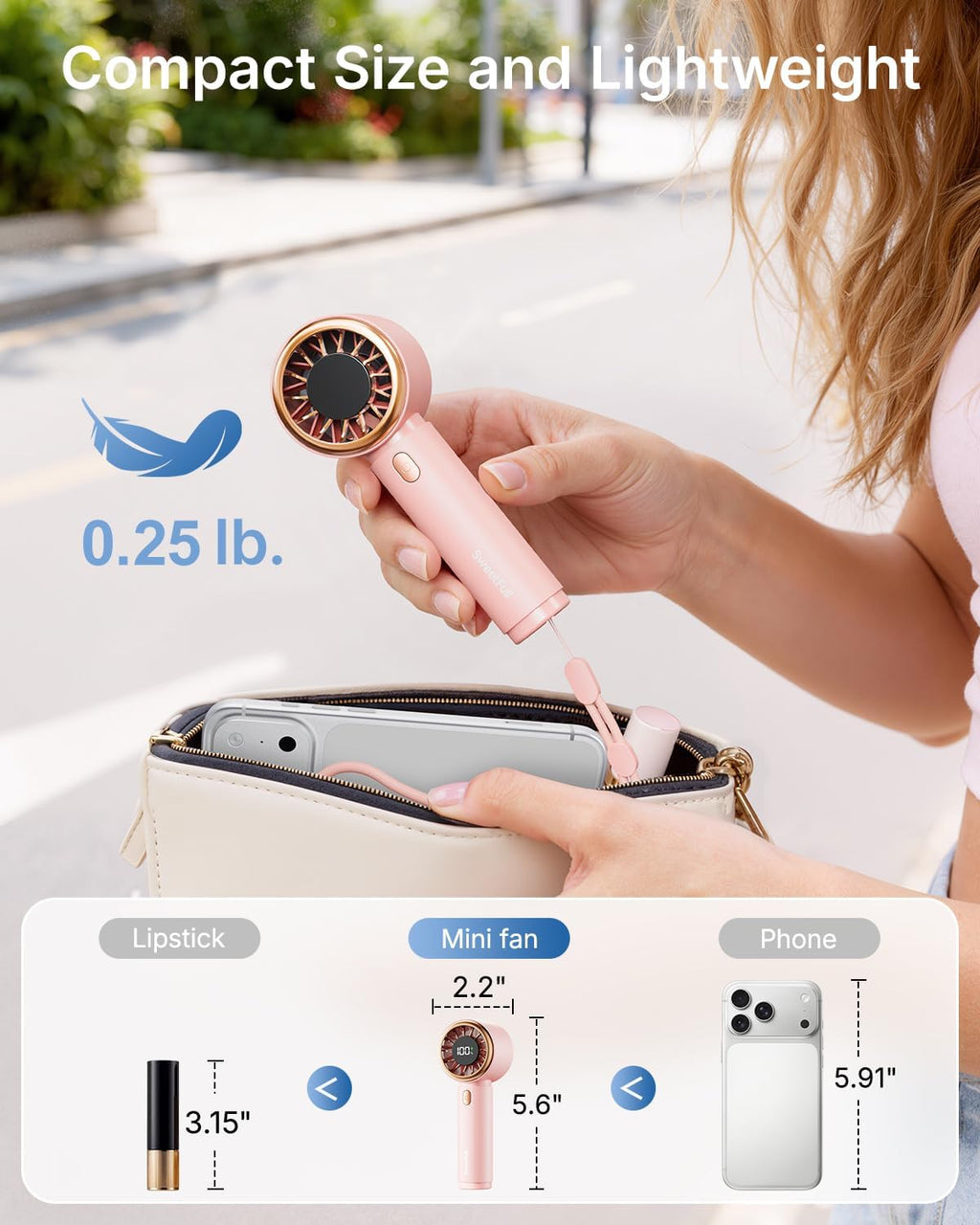 Sweetfull Mini Fan - Portable Handheld Turbo Fan with Rechargeable Battery | 5 Speeds, Pink