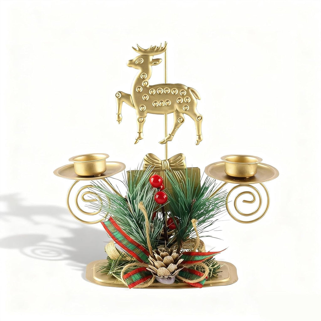 ABTOLS Reindeer Tealight Candle Holders - Festive Elk Design with Red Berry | Gold Candlestick for Christmas Decor