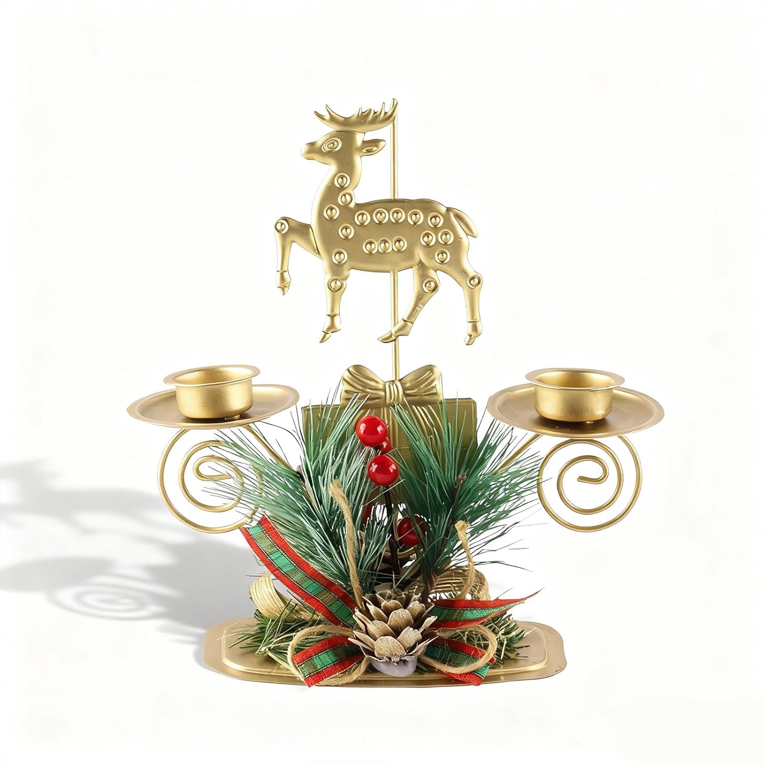 ABTOLS Reindeer Tealight Candle Holders - Festive Elk Design with Red Berry | Gold Candlestick for Christmas Decor