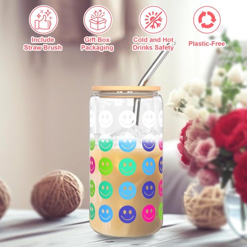 Color-Changing Glass Cup 16oz with Bamboo Leakproof Lid & Steel Straw - Reusable Tumbler for Iced Coffee, Smoothie, Cocktail | Bridal Shower, Bachelorette, Wedding, Gifts for Mother Women Teachers