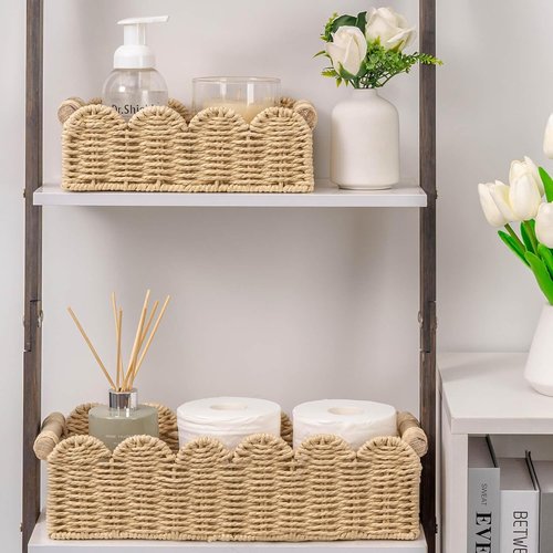 CubesLand Scalloped Edge Toilet Paper Storage Basket - Cozy Home Decor | Beige, Small Size with 2 Wooden Handles