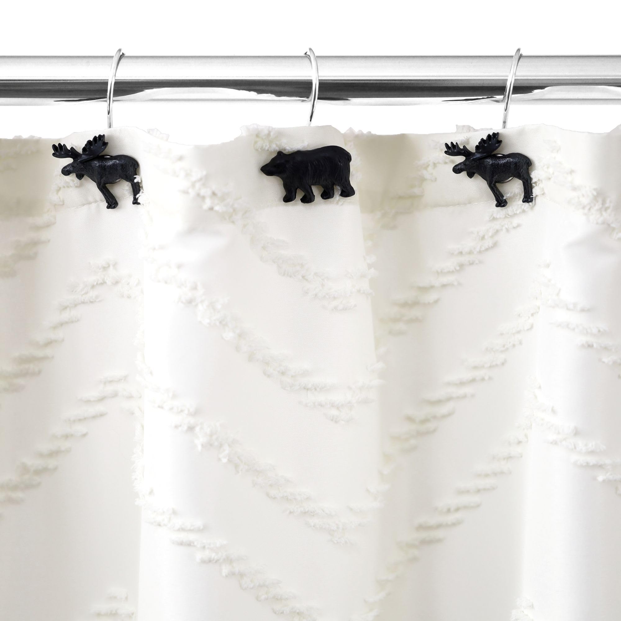 Bear & Deer Shower Curtain Hooks：12 Pcs Black Rustic Cabin & Christmas Reindeer Decorative Hooks Rustproof Stainless Steel Rings - Farmhouse Lodge Western & Woodland-Themed Bathroom Home