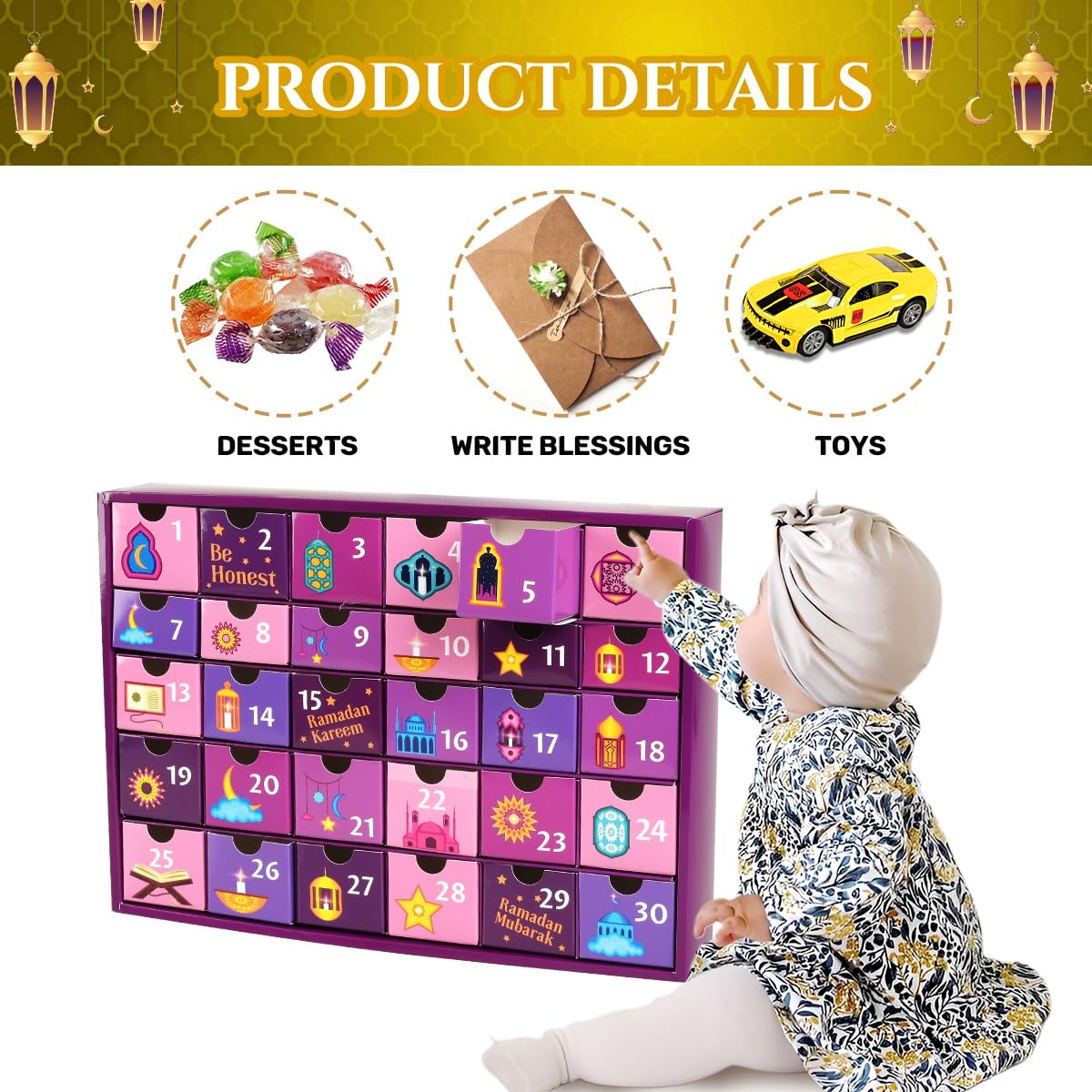MOVINPE Ramdan Calendar with Drawers 2026 Ramadan Gifts for Kids, 30 Pre-Assembled Empty Boxes Eid Mubarak Coutdown Calendar Fillable Islamic Art Gift Box, Ramadan Party Supplies (Purple)