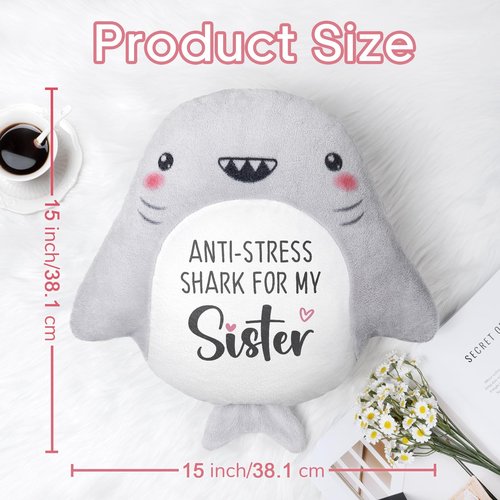 IDELTIME Sister Birthday Gifts - Throw Pillow, Easter Birthday Gifts for Sister in Law Adult Sis Bestie Friends Women, Funny Sisters Gift from Brother Sis Sibling, Shark Plush Stuffed Animal 15’’