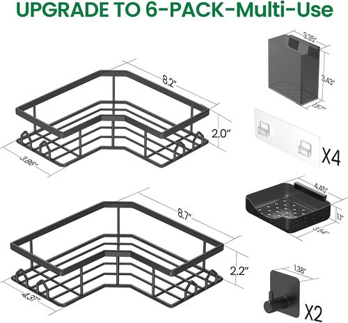 Adhesive Shower Caddy | 6-Pack Corner Bath Organizer - Rustproof Stainless Steel Shelves for Easy Bathroom Storage