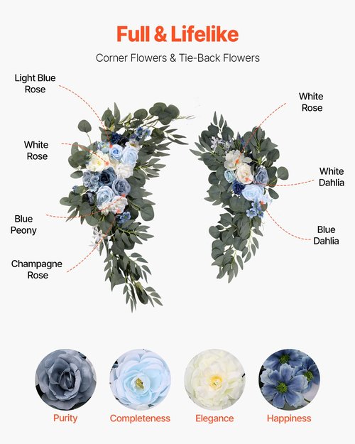 VEVOR Artificial Wedding Arch Flowers Kit, Blue Wedding Arch Flowers with Drapes Kit -2 Pcs Floral Arrangement, 2 Pcs Sheer Drapes, for Ceremony Bouquets Reception Backdrop Decoration（No Include Wood