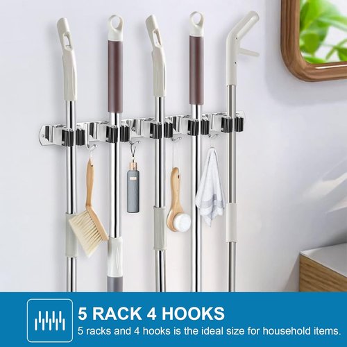 IMILLET Wall Mount Broom Holder - Stainless Steel Organizer with 5 Racks & 4 Hooks | Heavy Duty Storage Solution for Laundry Room & Garage