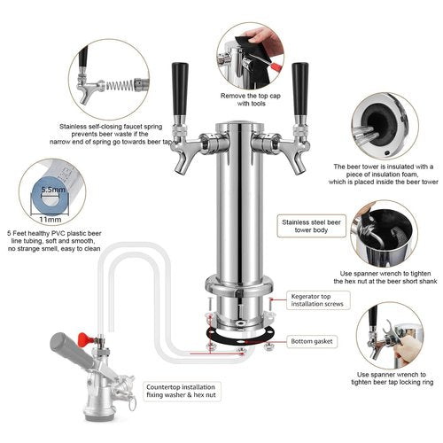 Dbgogo Kegerator Tower Double Tap Beer Tower Dual Faucet Beer Tower Stainless Steel 3'' Flange Beer Tower Dispenser Beer Tap Kegerator Parts with Pre-Assembled Tubing and Self-Closing Springs