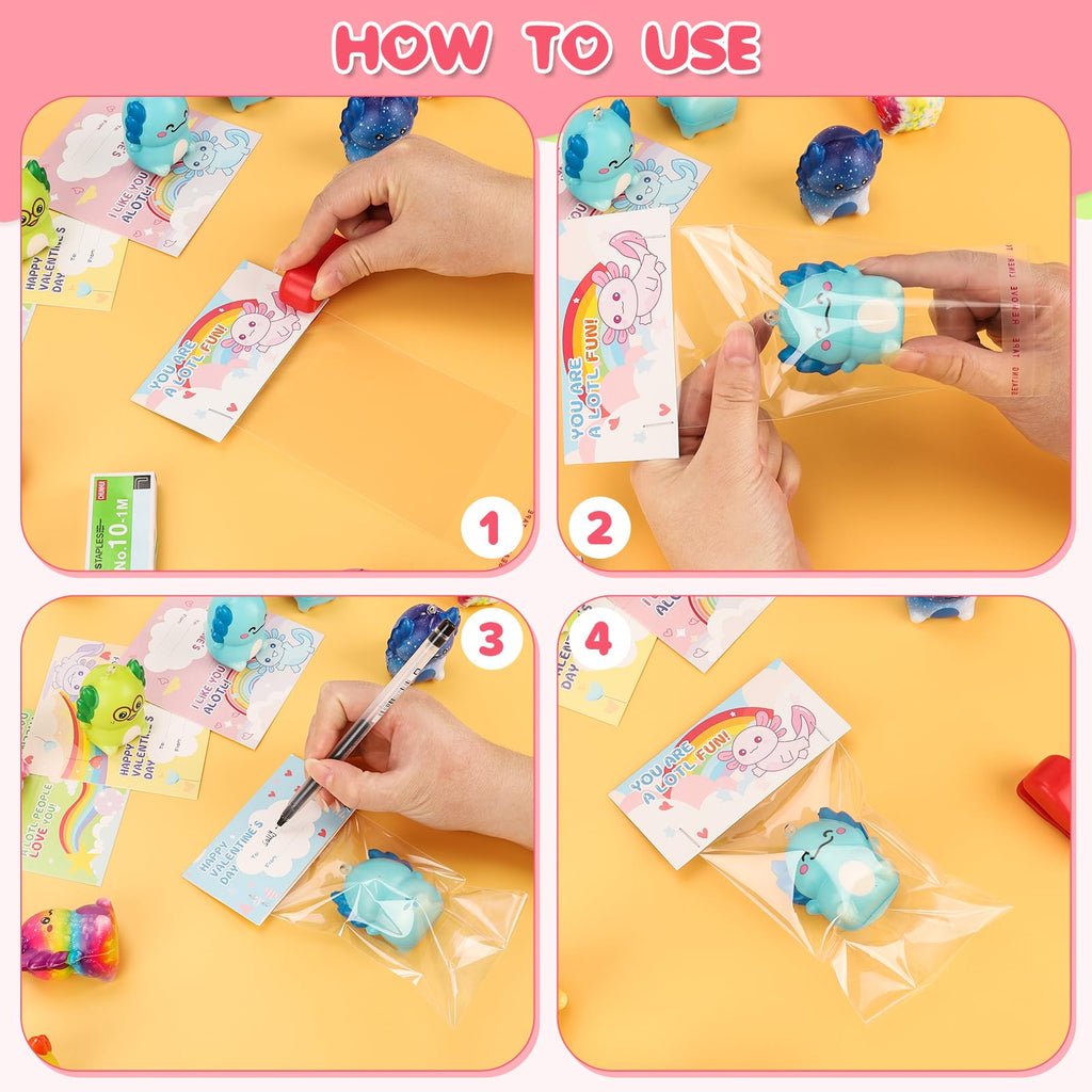 PAKSPAK Valentines Day Gifts for Kids, 24PCS Valentine's Day Cards for Kids Classroom with Axolotl Squishy Toys, Valentine Stress Relief Toys for Kid School Classroom Exchange Gift Party Prize