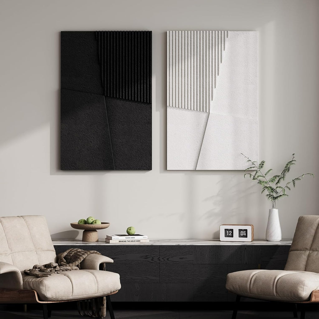 Skiennix 3D Textured Black and White Abstract Wall Art - Modern Geometric Paintings, 24x36 In, 2 Piece Set
