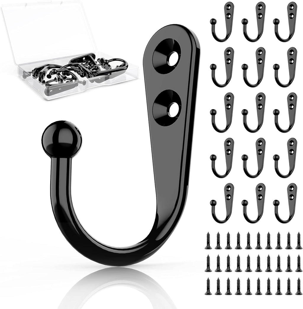 ZAYBOD Wall Mounted Coat Hooks - 15 Pcs Black Hanger Set with 30 Screws for Hats, Towels & Bags
