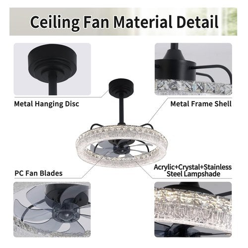 Hrtghzir 19.88" Ceiling Fans with Lights and Remote, Modern Crystal Chandelier Quiet Ceiling Fans, 3000K-6500K Smart Blade LED Fan Light, Modern Ceiling Fan with Lights for Bedroom, Black