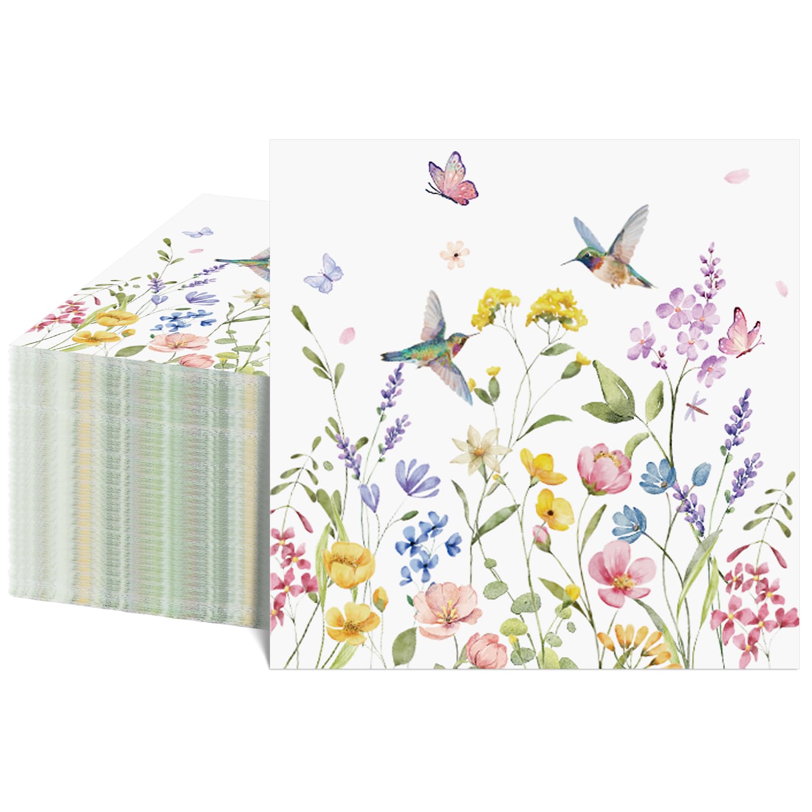 NatNarr 100 Pcs Wildflower Napkins, 2-Ply Floral Cocktail Napkins Spring Decoupage Napkin Butterfly Hummingbird Flower Dessert Beverage Napkin for Mothers Day, Baby Shower, Tea Party