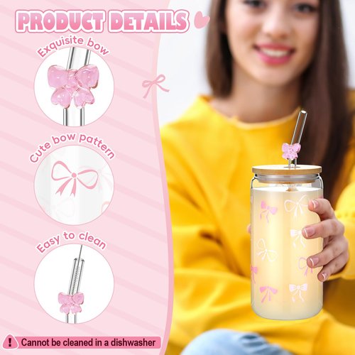 Yetene 4 Set 16 oz Coquette Bows Glass Cups with Lids and Bows Straws Cleaning Brushes Aesthetic Iced Coffee Cup Reusable Mug for Women Sister Birthday Gift Not Dishwasher Safe(Pink,Bow)