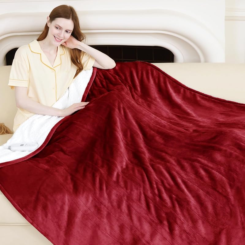 Electric Heated Throw Blanket Red 50" x 60" Flannel Sherpa - 5 Heating Levels, ETL