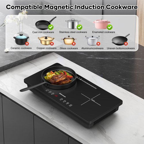 Saitravexia 1800W Portable 2 Burner Countertop Electric Stove with Touch Control, Cross-Line Panel Design, 8 Power Levels, Timer, Safety Lock, Compatible with Magnetic Cookware