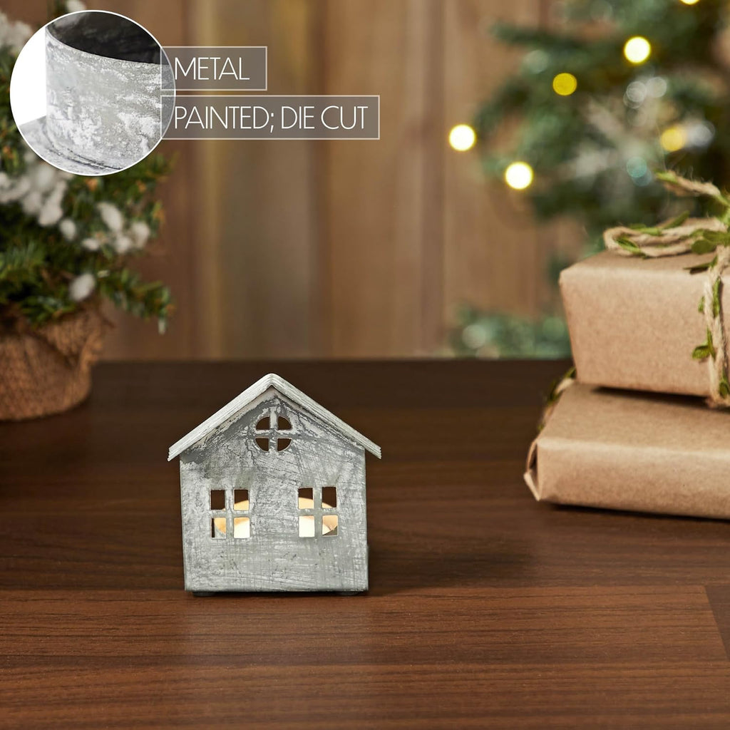 Metal Village House Tealight Holder by [Brand Name] - Antique Grey, 3.25x2.75x2 Inches