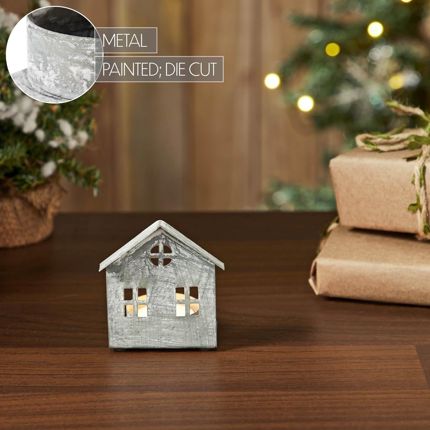 Metal Village House Tealight Holder by [Brand Name] - Antique Grey, 3.25x2.75x2 Inches