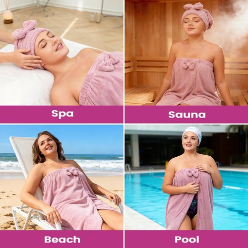 Bonahora Towel Wrap for Women Plus Size (XXL-XXXXL), Lightweight Spa Bath Wrap Set Soft Comfortable Absorb Water Bath Towel + Hair Drying Towel Set Oversized Adjustable Body Wrap with Bow (Purple)
