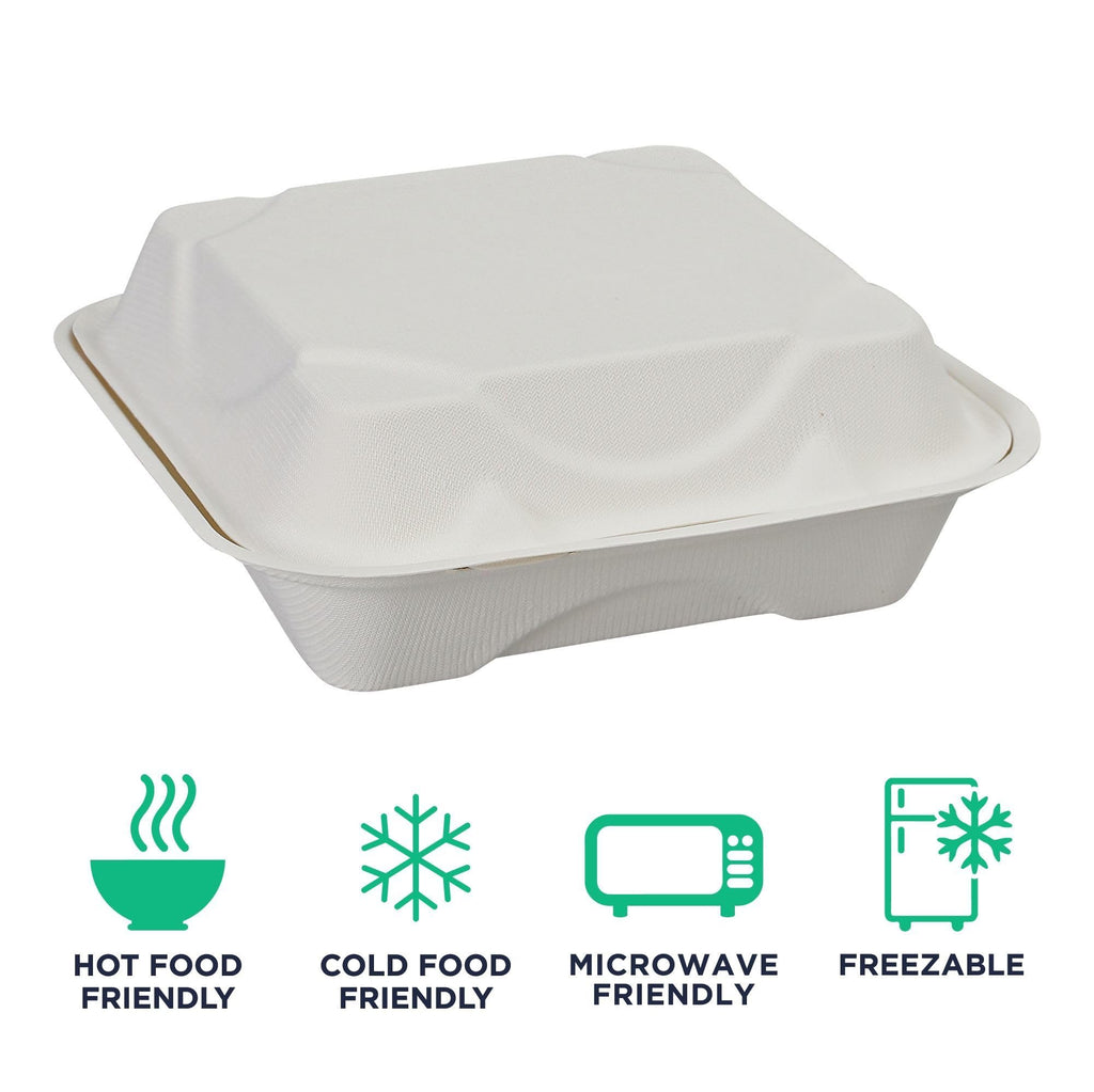 ECO PRODUCTS Compostable 8" Clamshell To Go Containers, Case of 200, Square Take Out Food Box, White Renewable Molded Fiber, Microwaveable & Freezable, Grease & Cut Resistant, ASTM Compliant