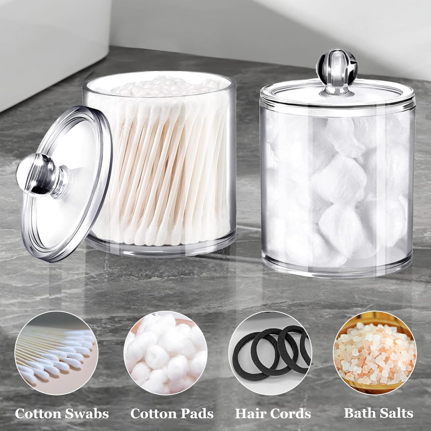 SheeChung Qtip Holder Set - Clear Acrylic Apothecary Jars | Shatterproof Bathroom Organizer (4-Pack)