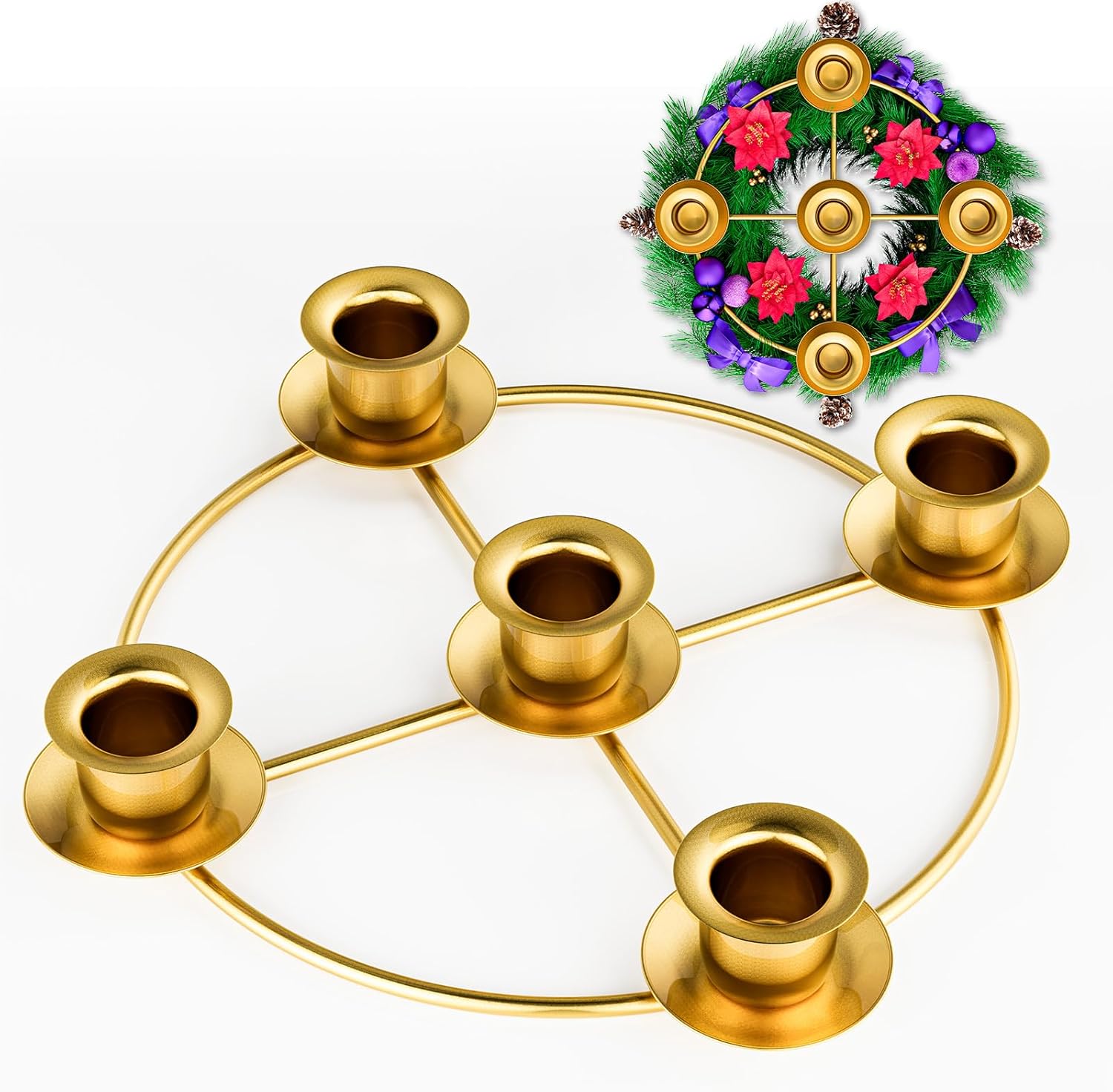 Advent Wreath | 5-Candle Holder with Decorative Rings for Tapered Candles - Gold Finish