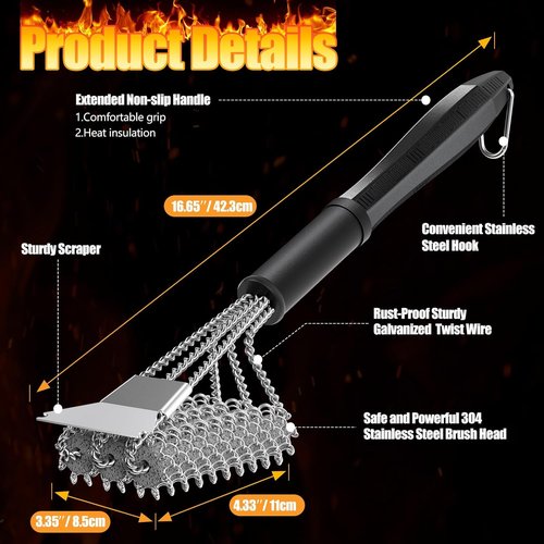 HOUSE AGAIN Grill Brush - Bristle-Free 304 Stainless Steel Head for Safe BBQ Cleaning | Ideal for Smoker & Charcoal Grills