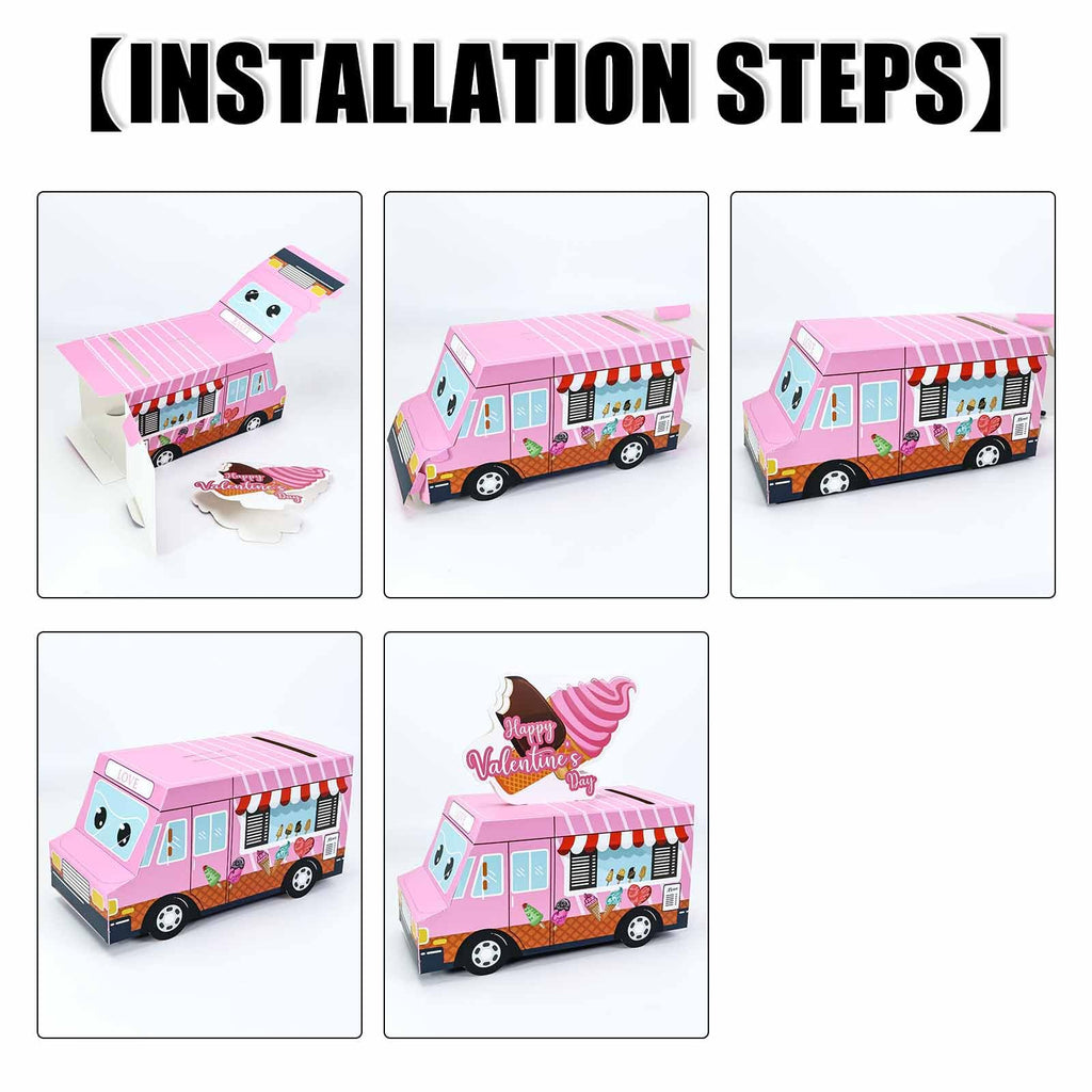 RINDOJIN Valentines Day Cards for Kids 3D Pink Ice Cream Truck Valentine Mailbox for Kids Classroom School Boys Girls Party Truck Valentines Day Card Box with 35 Ice Cream Valentine Cards