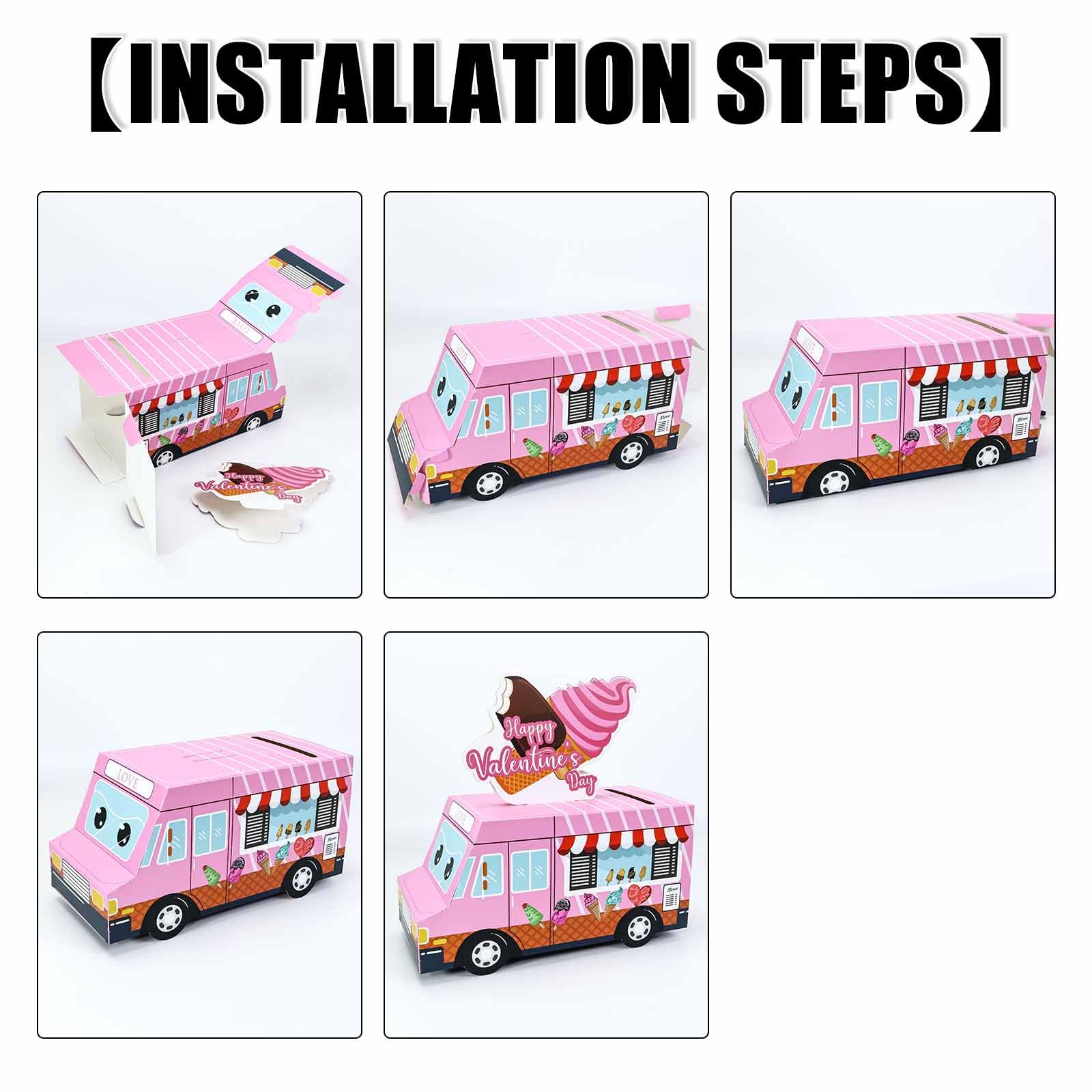 RINDOJIN Valentines Day Cards for Kids 3D Pink Ice Cream Truck Valentine Mailbox for Kids Classroom School Boys Girls Party Truck Valentines Day Card Box with 35 Ice Cream Valentine Cards
