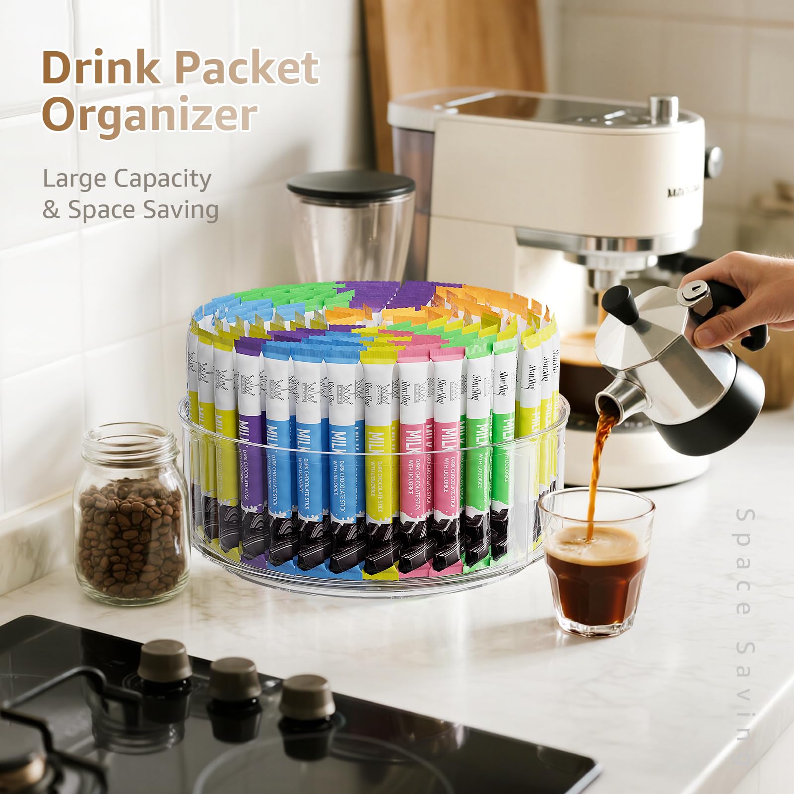 Divided Drink Packet Organizer, Largr Rotating Clear Lazy Susan Turntable for Powdered Drink Mix, Water Drink Packet Holder, Water Flavor Packet, Coffee, Tea – Space-Saving Countertop Organizer