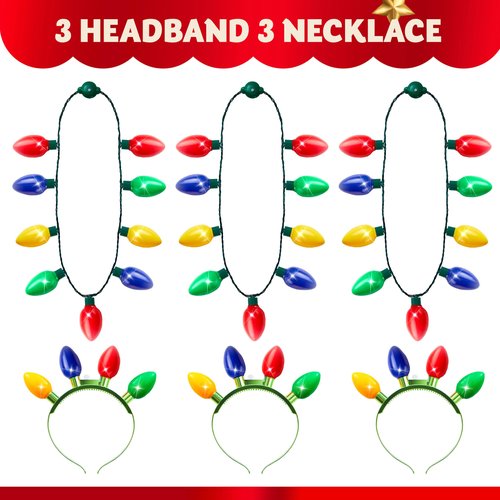 JOYIN 6 Pcs Christmas Light Up Headband and Necklace with 6 Flashing Modes, LED Christmas Bulb Lights Necklace Headband for Kids Women Men Xmas Party Supplies Accessories