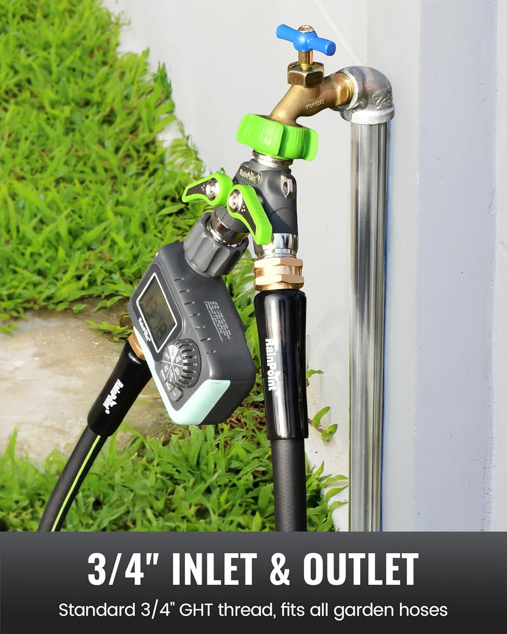 RAINPOINT 2-Way Garden Hose Splitter - Heavy Duty Metal Body with Shutoff Valves | 1.9" Long Handle, Green