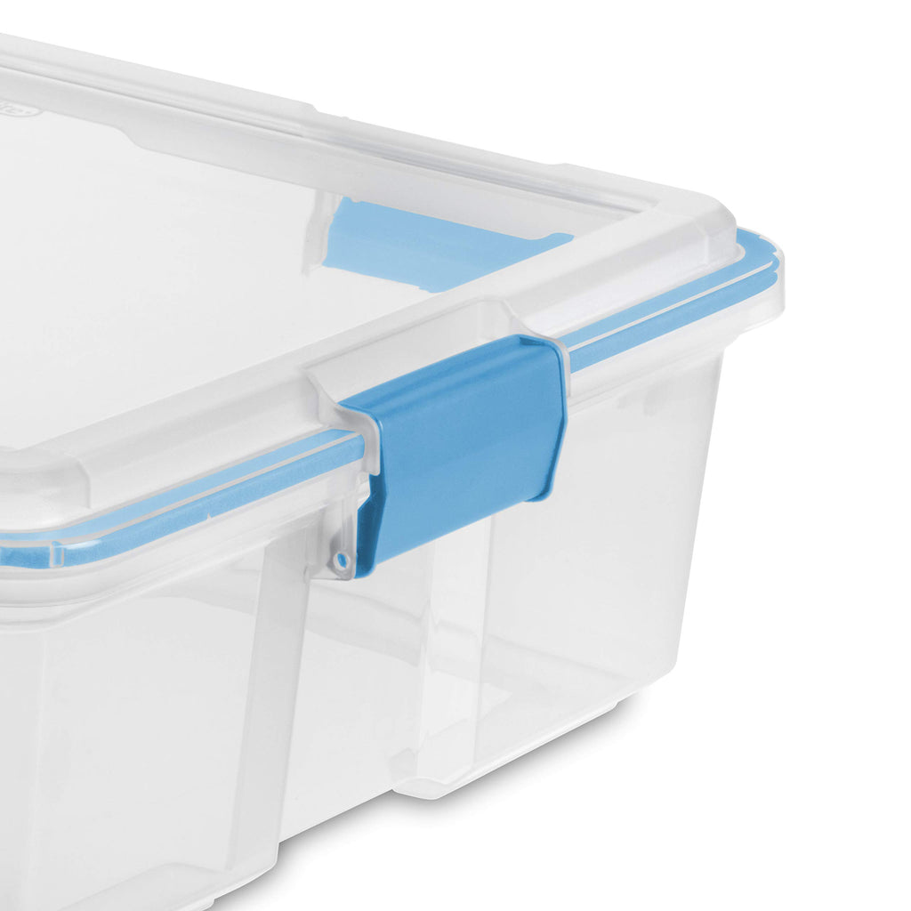 Sterilite 37 Qt Gasket Box, Stackable Storage Bin with Latching Lid and Tight Seal, Plastic Container to Organize Underbed, Clear Base and Lid, 4-Pack