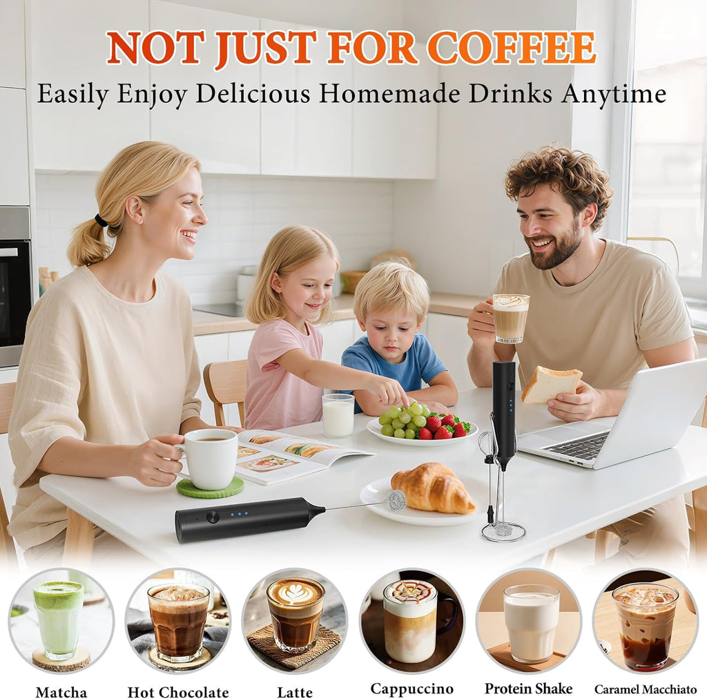 Skiennix Milk Frother - Rechargeable Handheld Drink Mixer with 3 Speed Settings & Stainless Whisks | Black