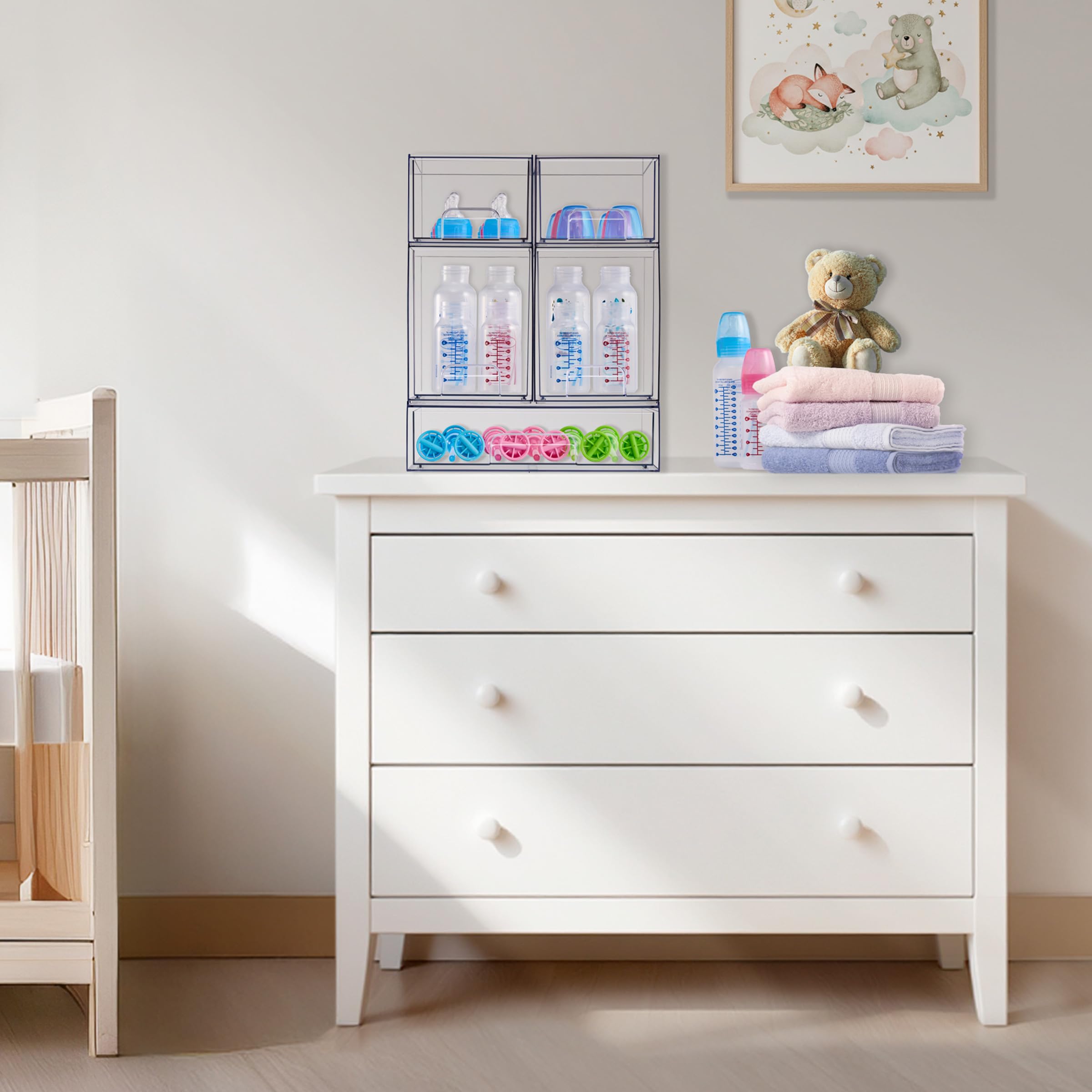 Sorbus Stackable Acrylic Storage Drawers – 2 Small + 2 Tall + 1 Wide – 5 Pack Clear Plastic Organizer Bins for Baby Bottles, Makeup, Bathroom & Vanity, Pull-Out Drawer Design for Kitchen Cabinets