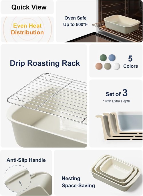 LE TAUCI Deep Casserole Dishes Set - 3-Piece Ceramic Baking Dish Set with Roasting Racks | Oatmeal Greige, Large Size