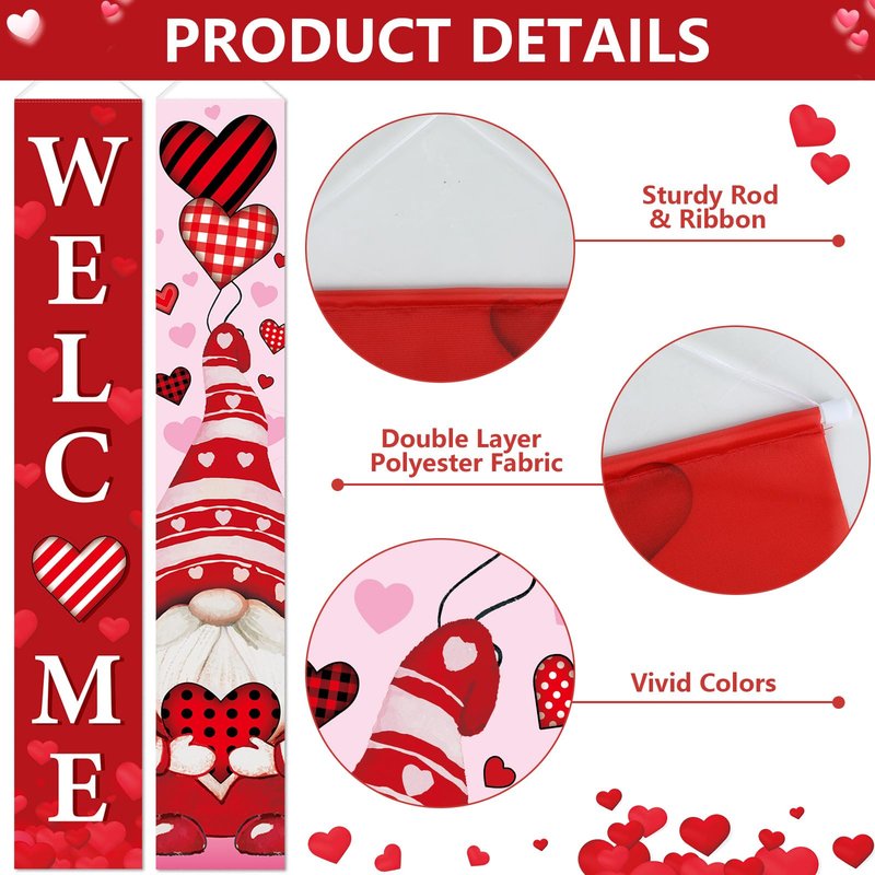17 Pcs Valentine's Day Door Banner Decorations Set with Hearts Garland Love Heart Cutouts Red Buffalo Plaid Gnome Valentine Porch Welcome Sign for Home School Wall Indoor Outdoor Party Supplies Decor