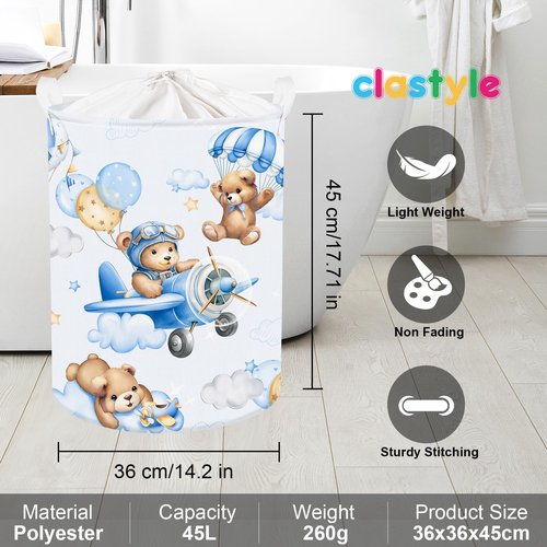 Clastyle 45L Large Blue Bear Pilot Kid Boy Girl Laundry Hamper with Handle Collapsible Balloon Clothes Toy Storage Basket with Lid for Nursery