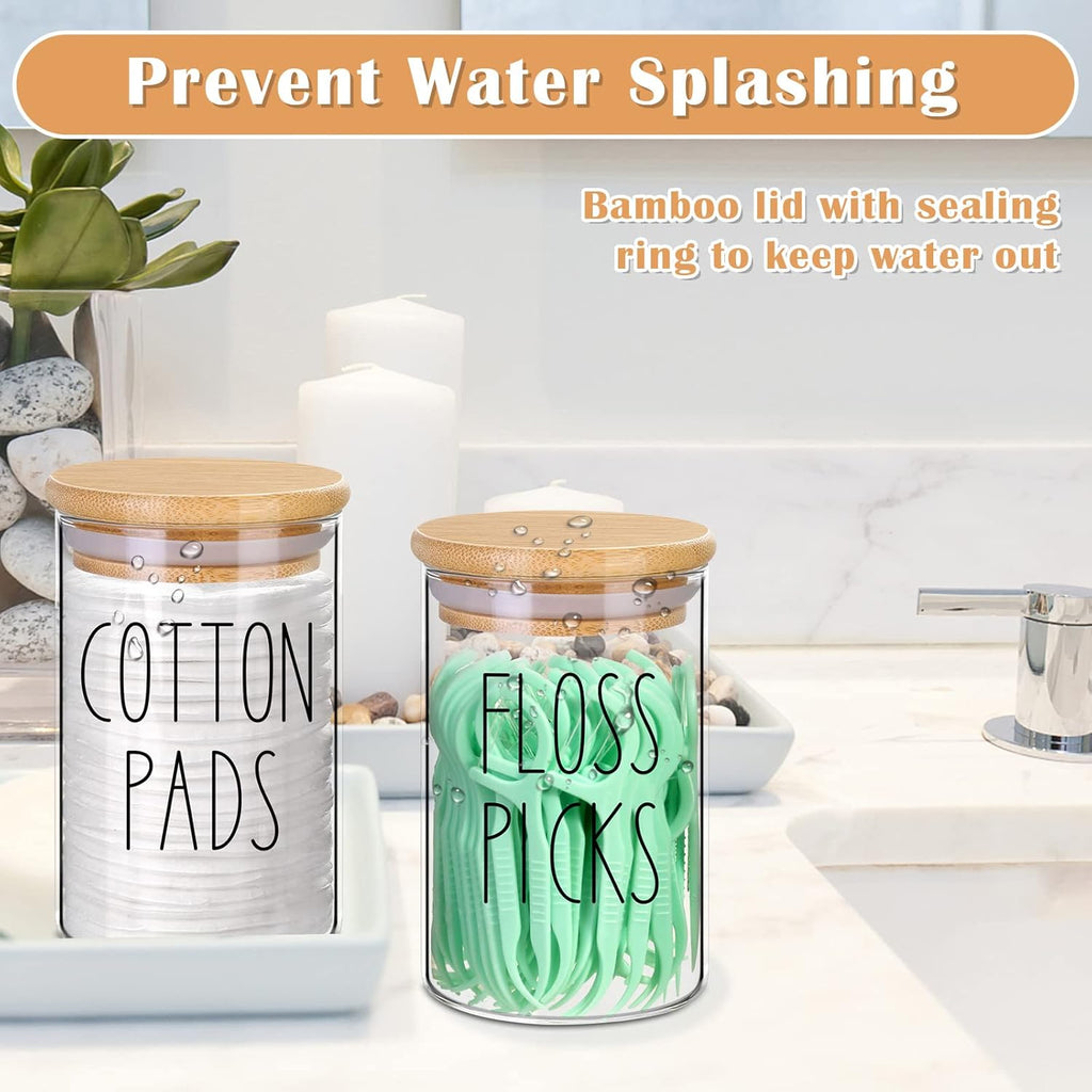 ROADPLUM Qtip Holder Bathroom Set - 4 Pack 10 oz Glass Jars with Lids for Cotton Balls & Makeup Storage