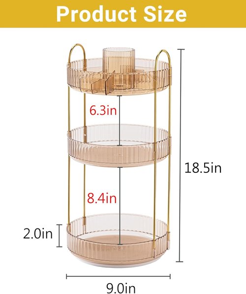 Asayuee 360 Rotating Makeup Organizer - Large 3-Tier Storage for Skincare & Cosmetics | Gold Finish