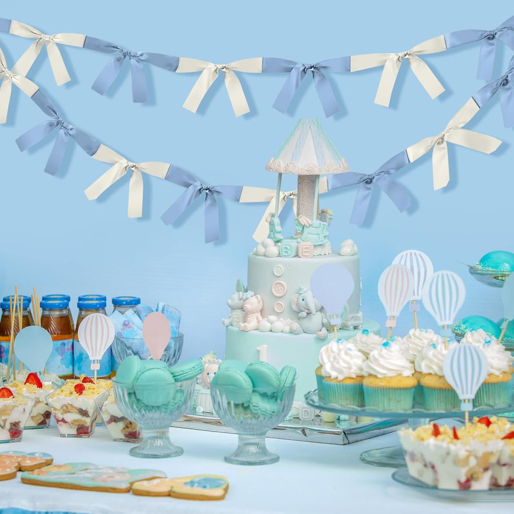 Skiennix Baby Blue & White Bow Garland Banner - 16.4 ft Party Decorations for Girls' Birthdays & Showers