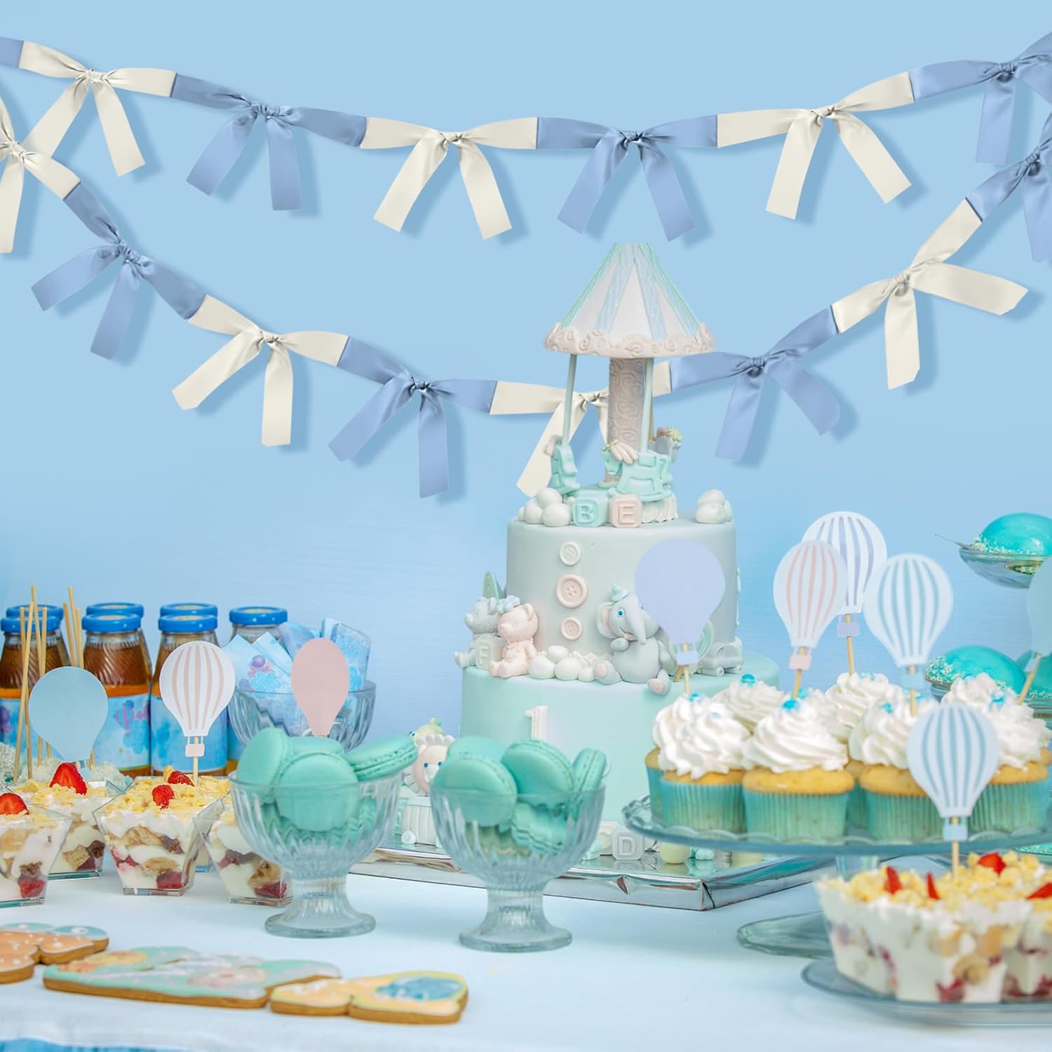 Skiennix Baby Blue & White Bow Garland Banner - 16.4 ft Party Decorations for Girls' Birthdays & Showers