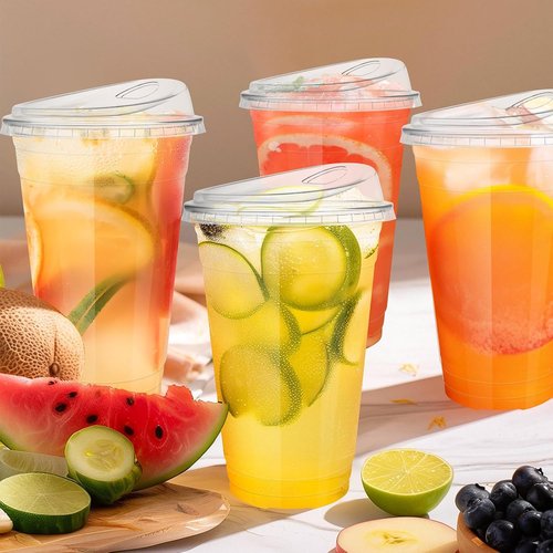 GGOLDMER 20 oz Disposable Plastic Cups - Clear Iced Coffee Cups with Strawless Sip Lids | 25 Sets