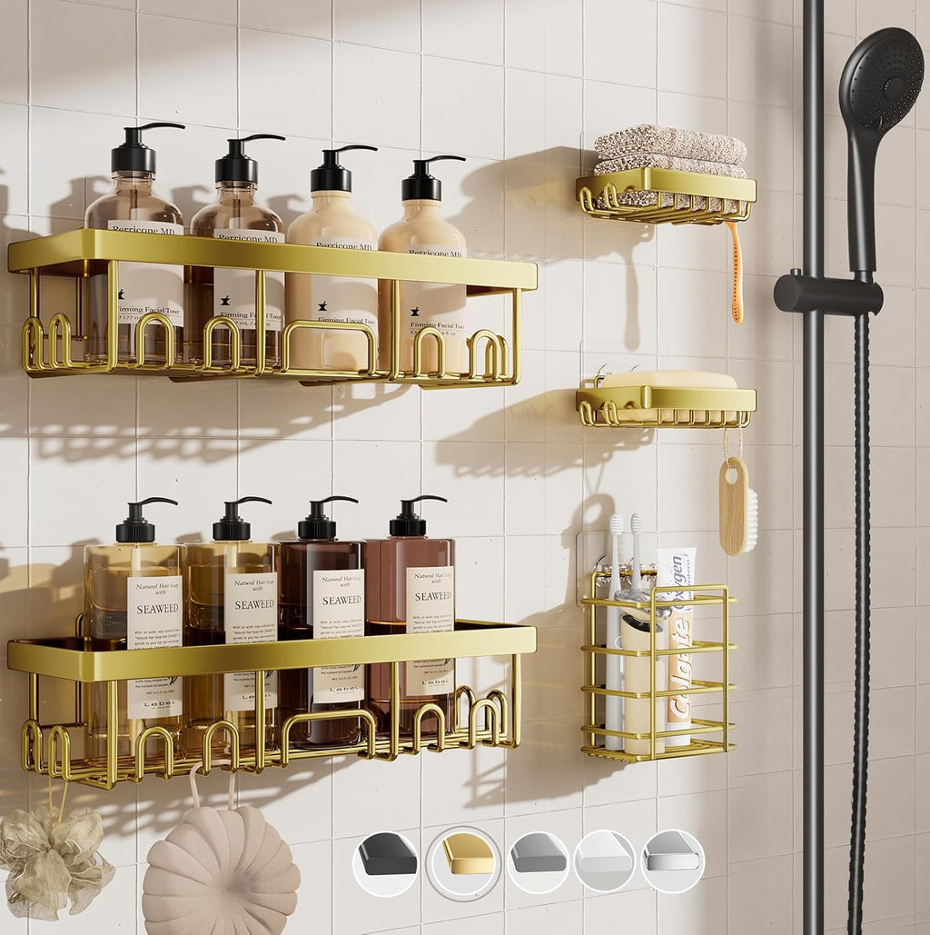 Veken Adhesive Shower Caddy - Heavy-Duty Wall-Mounted Organizer with Soap Dish & Toothbrush Holder | Gold 5-Pack
